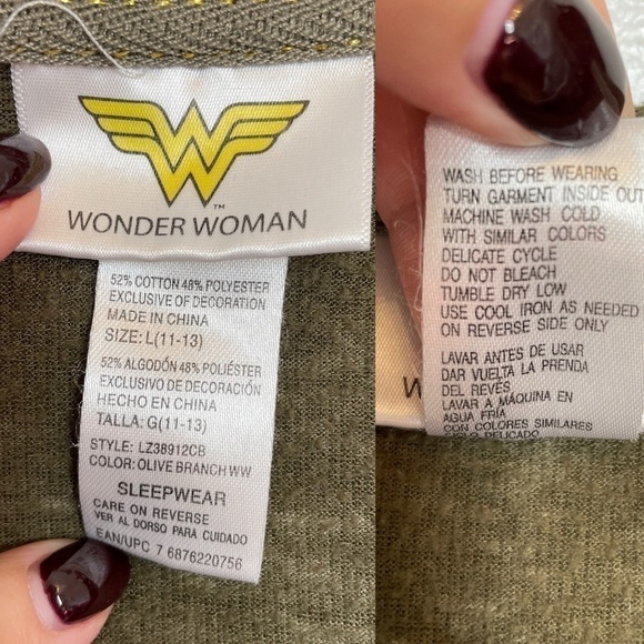 Wonder Woman Cotton/Poly Pajama Set Hoodie and Shorts Grey/Green Burnout Size L - Picture 16 of 16